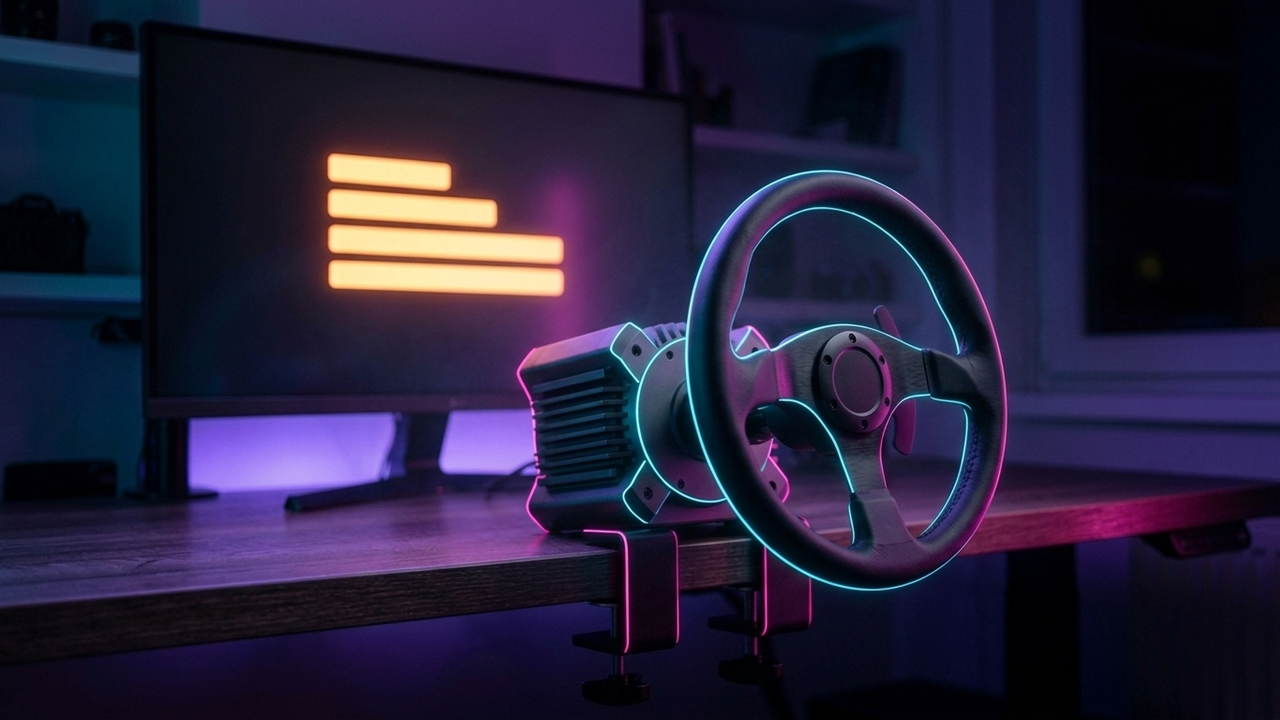 Illustration: eine Direct-Drive-Lenkradbasis mit Lenkrad, an einen Schreibtisch geklemmt, dahinter ein Monitor mit vier leuchtenden Balken unterschiedlicher Länge