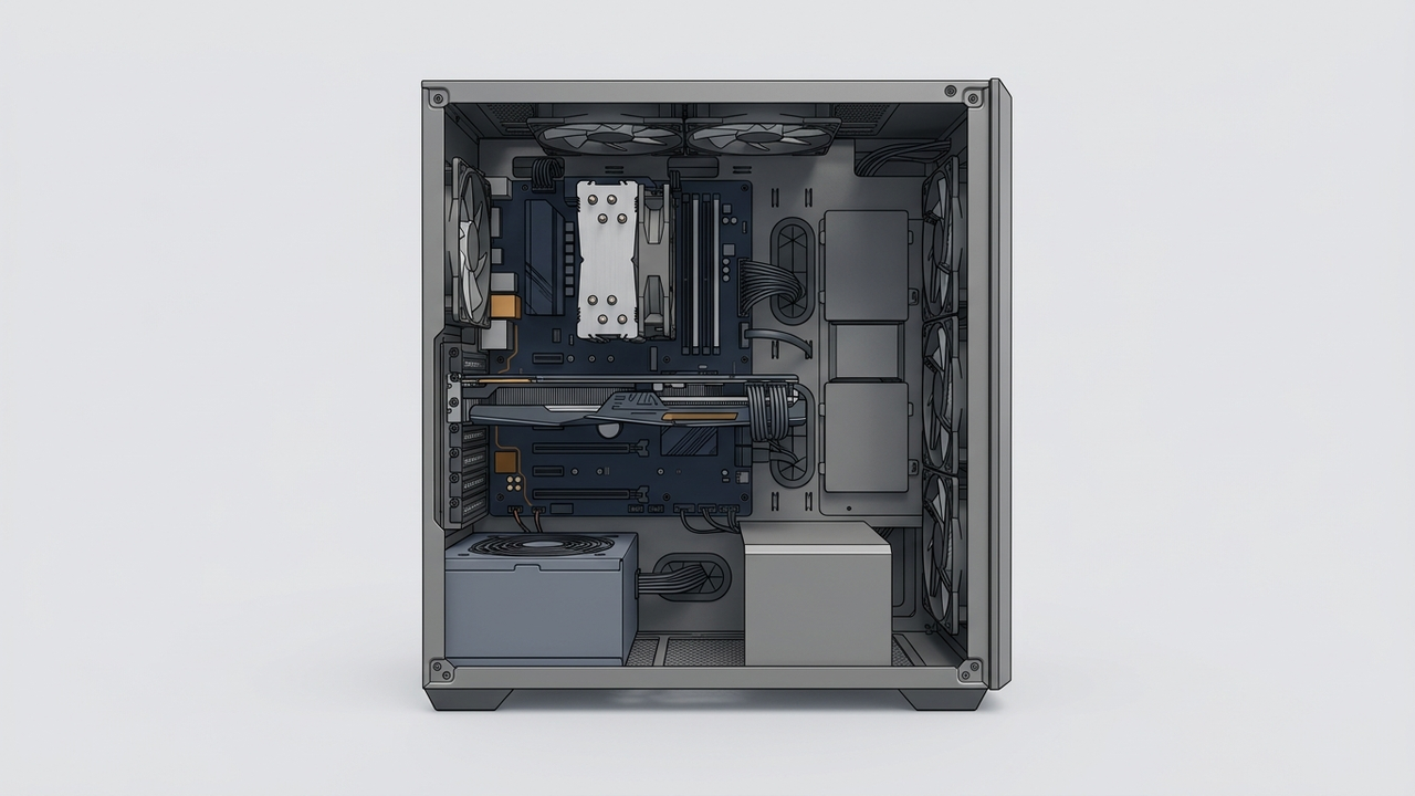 Illustration: Querschnitt durch ein Gehäuse — unten die Netzteilkammer, darüber Mainboard mit Grafikkarte und Turmkühler, vorn und hinten die Lüfterplätze