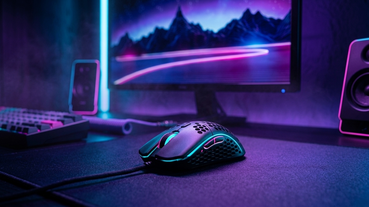 Illustration: leichte Gaming-Maus auf einem dunklen Mauspad im Vordergrund, dahinter ein Monitor mit unscharfer Landschaft