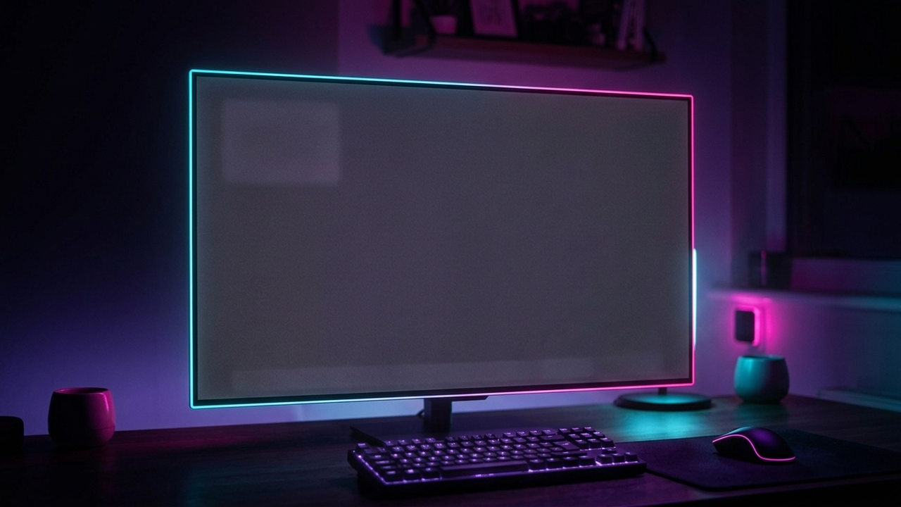 Illustration: ein OLED-Monitor auf einem Schreibtisch mit fast einfarbig grauem Bild, in dem oben links ein schwaches Rechteck und am unteren Rand ein blasser Balken als Geisterbild zu sehen sind