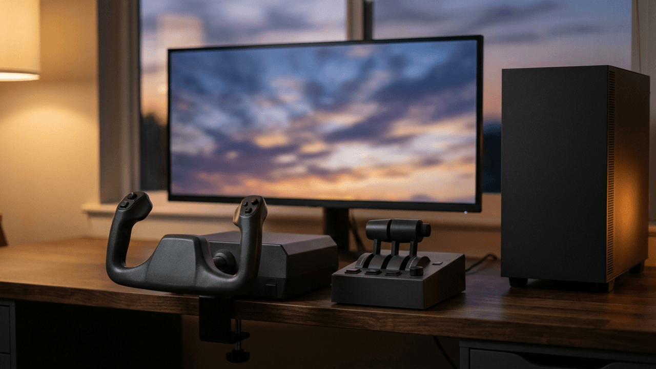 Illustration: ein Flugsimulator-Platz in der Dämmerung mit Steuerhorn und Schubhebel am Schreibtisch, dahinter ein Monitor mit Abendhimmel und rechts ein PC-Gehäuse