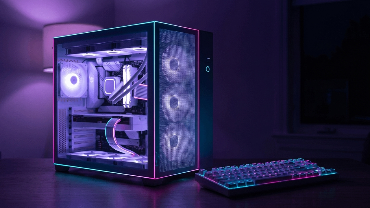 Illustration: ein weißes PC-Gehäuse mit Mesh-Front und Glasseite auf einem hellen Holzschreibtisch, daneben eine weiße Tastatur