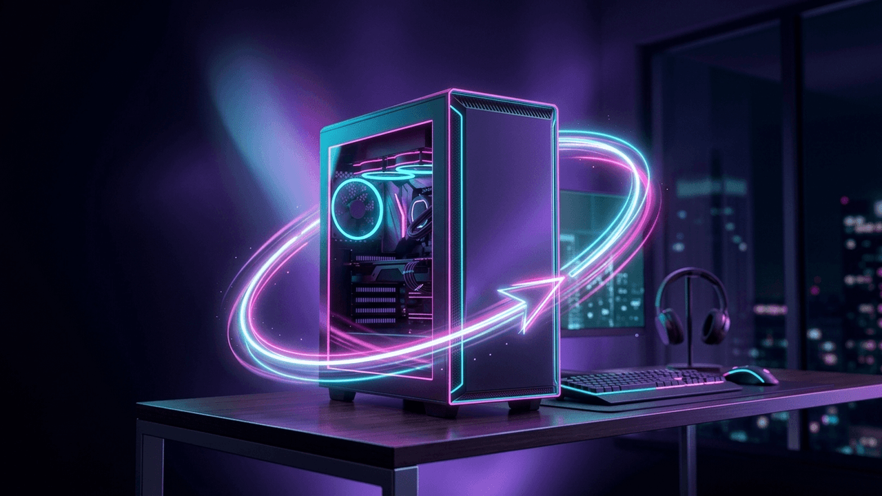 Illustration: ein PC-Gehäuse auf einem Schreibtisch, um das ein leuchtender Pfeil in einer endlosen Schleife kreist