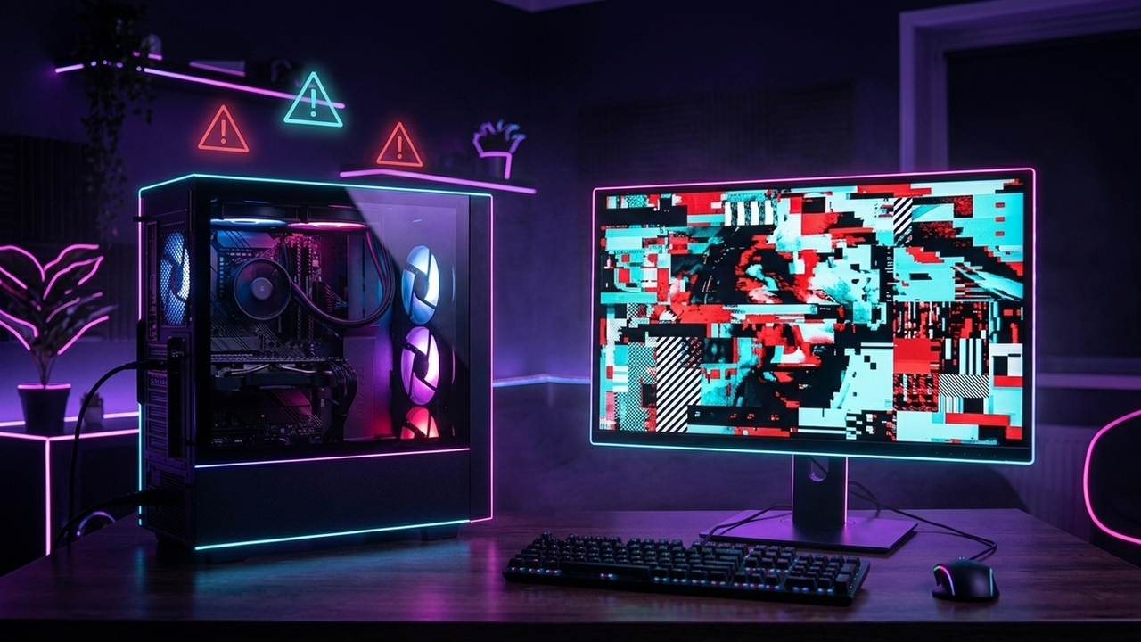 Illustration: ein Gaming-PC mit Glasseite neben einem Monitor, dessen Bild in bunte Blöcke und Streifen zerfällt, über dem Gehäuse schweben drei Warndreiecke