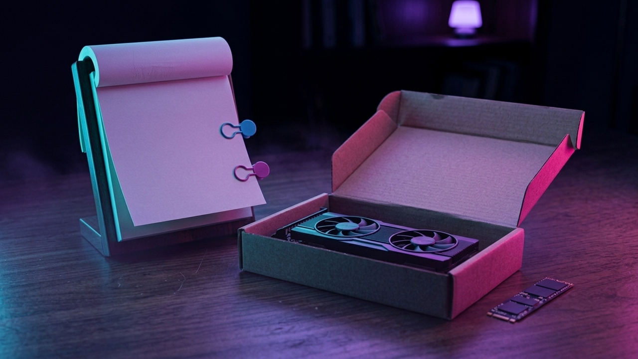 Illustration: ein Abreißkalender mit zwei markierten leeren Blättern neben einer Grafikkarte im offenen Versandkarton und einer M.2-SSD, in Neonlicht