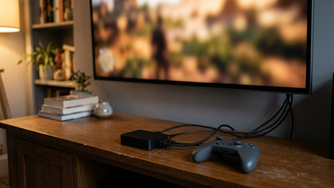 Illustration: ein kleines Aufnahmegerät mit HDMI- und USB-Kabeln neben einem Gamepad vor einem Fernseher