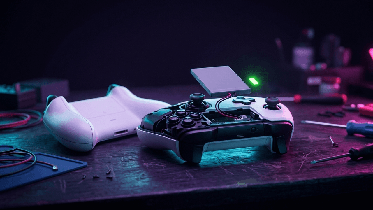Illustration: ein geöffneter weiß-schwarzer Gamecontroller auf einer Werkbank, darüber schwebt ein flacher Akku, daneben leuchtet ein grünes Lämpchen, ringsum Schraubendreher