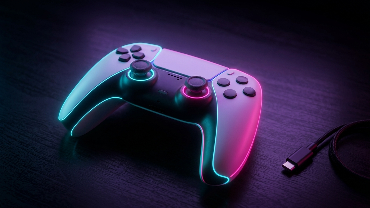 Illustration: weiß-schwarzer Gamecontroller mit zwei Analogsticks auf einem dunklen Tisch, daneben ein Ladekabel