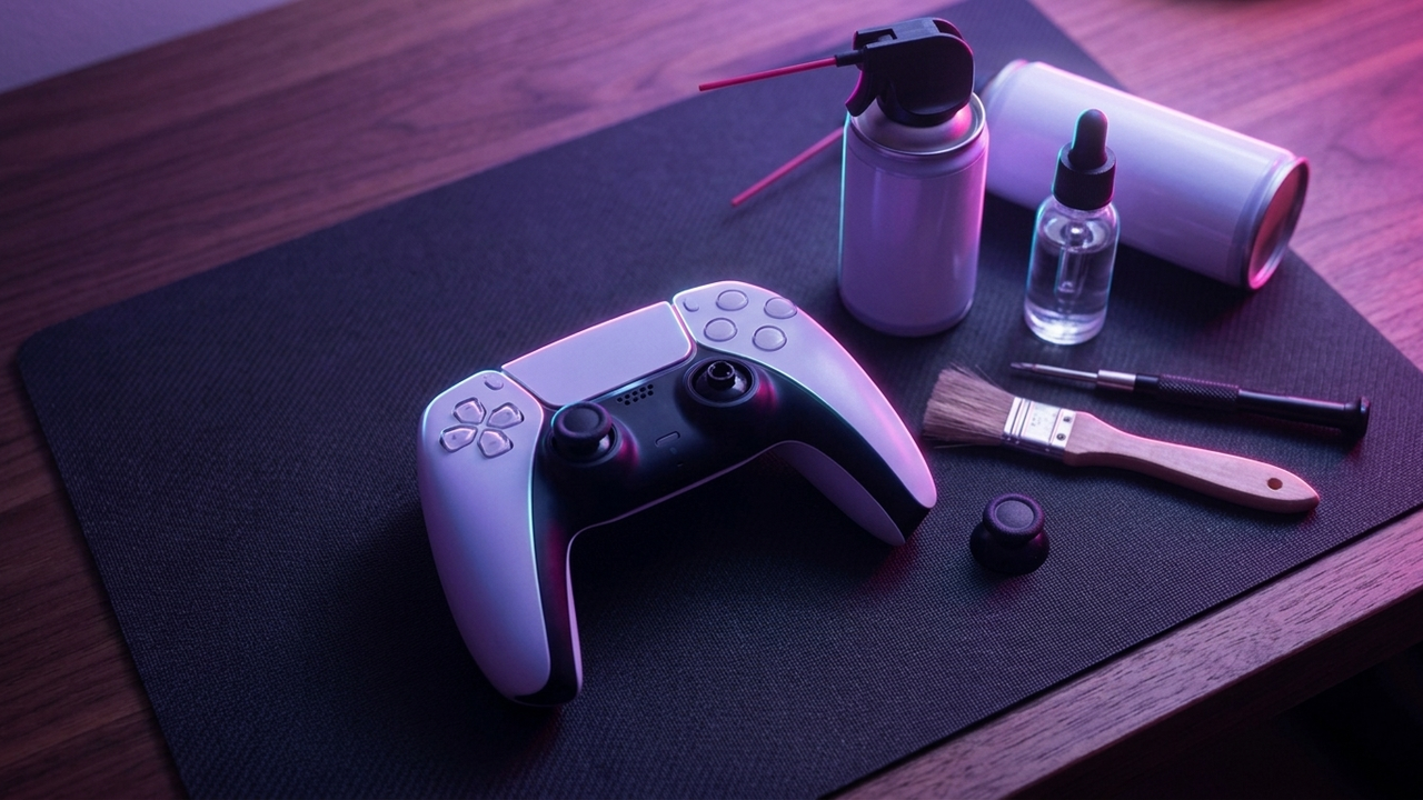 Illustration: ein weiß-schwarzes Gamepad mit abgezogener Stickkappe auf einer Arbeitsmatte, daneben Druckluftdose, Tropfflasche, Pinsel und Feinschraubendreher, in Neonlicht