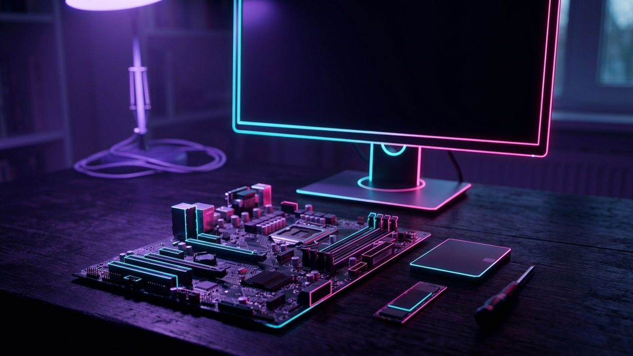Illustration: ein Mainboard liegt nachts im Neonlicht auf einem Holzschreibtisch, daneben ein schmales M.2-Speichermodul, eine flache 2,5-Zoll-SSD und ein kleiner Schraubendreher, im Hintergrund ein dunkler Bildschirm