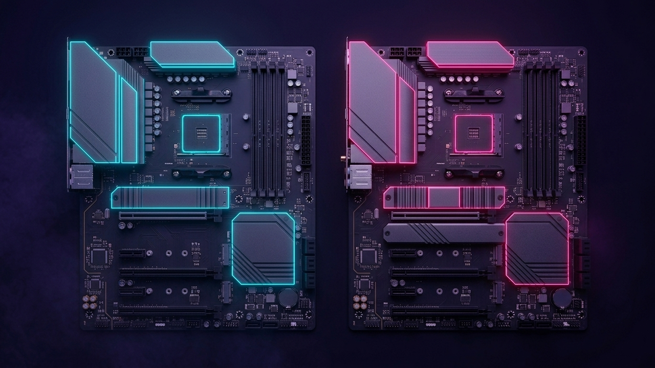Illustration: zwei dunkle Mainboards nebeneinander, die Kühlkörper des linken leuchten cyan, die des rechten magenta