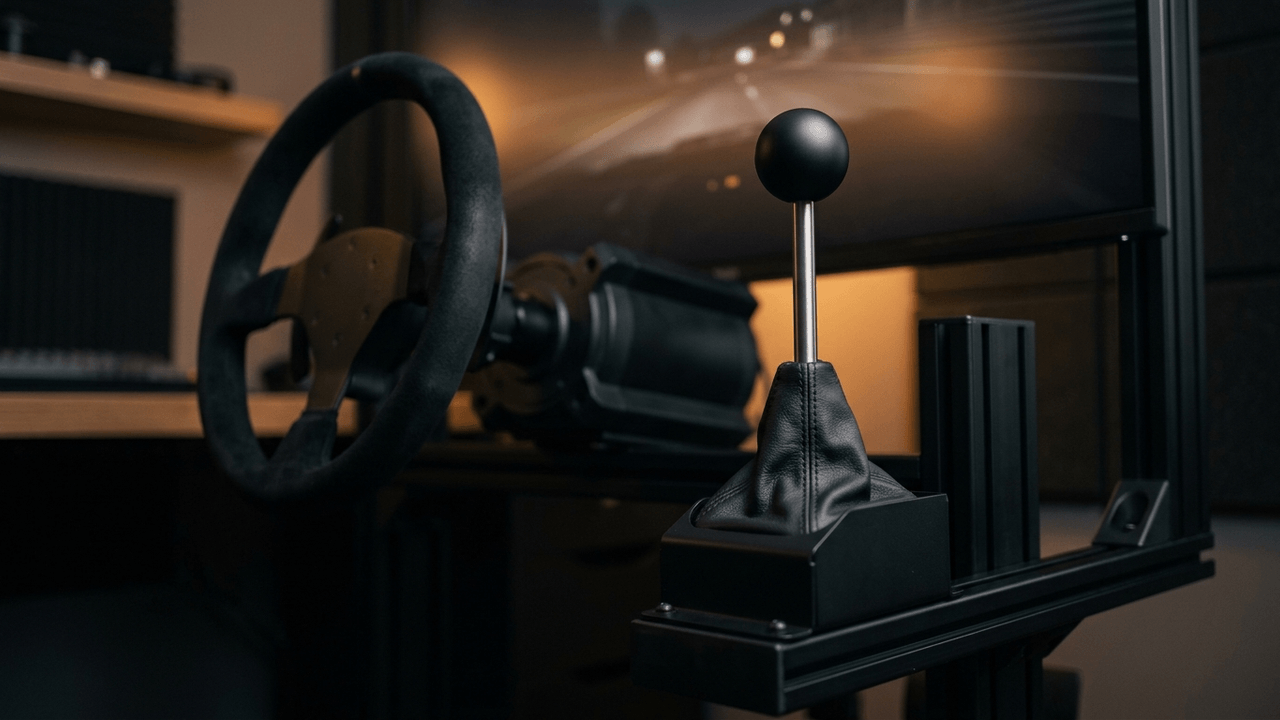 Illustration: ein Schalthebel mit Lederbalg an der Seitenplatte eines Sim-Racing-Gestells, daneben unscharf ein Lenkrad