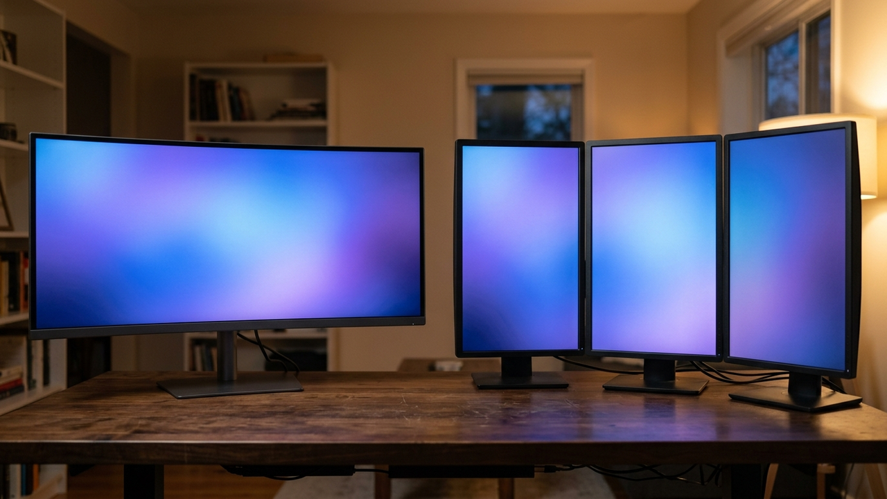 Illustration: links ein einzelner grosser gekruemmter Ultrawide-Monitor auf einem dunklen Schreibtisch, rechts davon getrennt drei kleinere flache Monitore nebeneinander mit leicht angewinkelten Aussenseiten, beide Gruppen etwa gleich breit, alle Bildschirme mit abstrakten blau-violetten Farbverlaeufen statt eines echten Spielbilds, unbeschriftete Gehaeuse ohne Logo