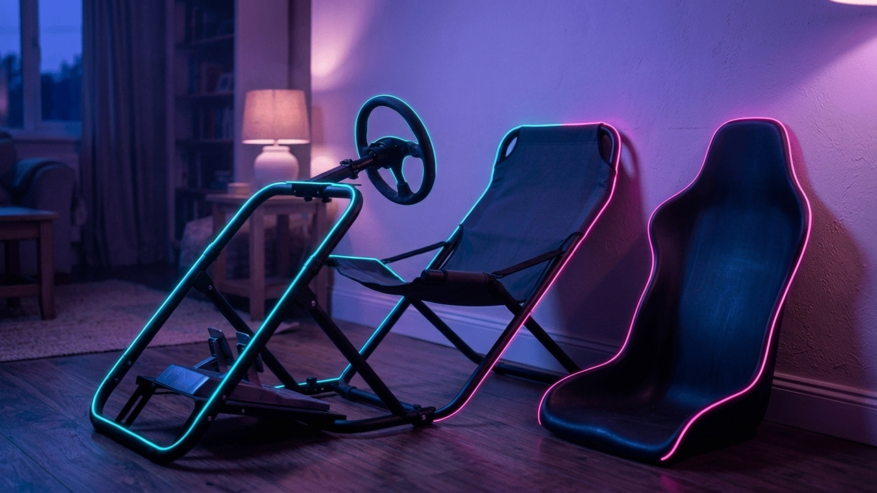 Illustration: ein erfundenes klappbares Sim-Racing-Cockpit mit Stoffsitz und einem runden Lenkrad ohne Logo in einem Wohnzimmer, daneben lehnt eine lose Sitzschale an der Wand, warmes Abendlicht