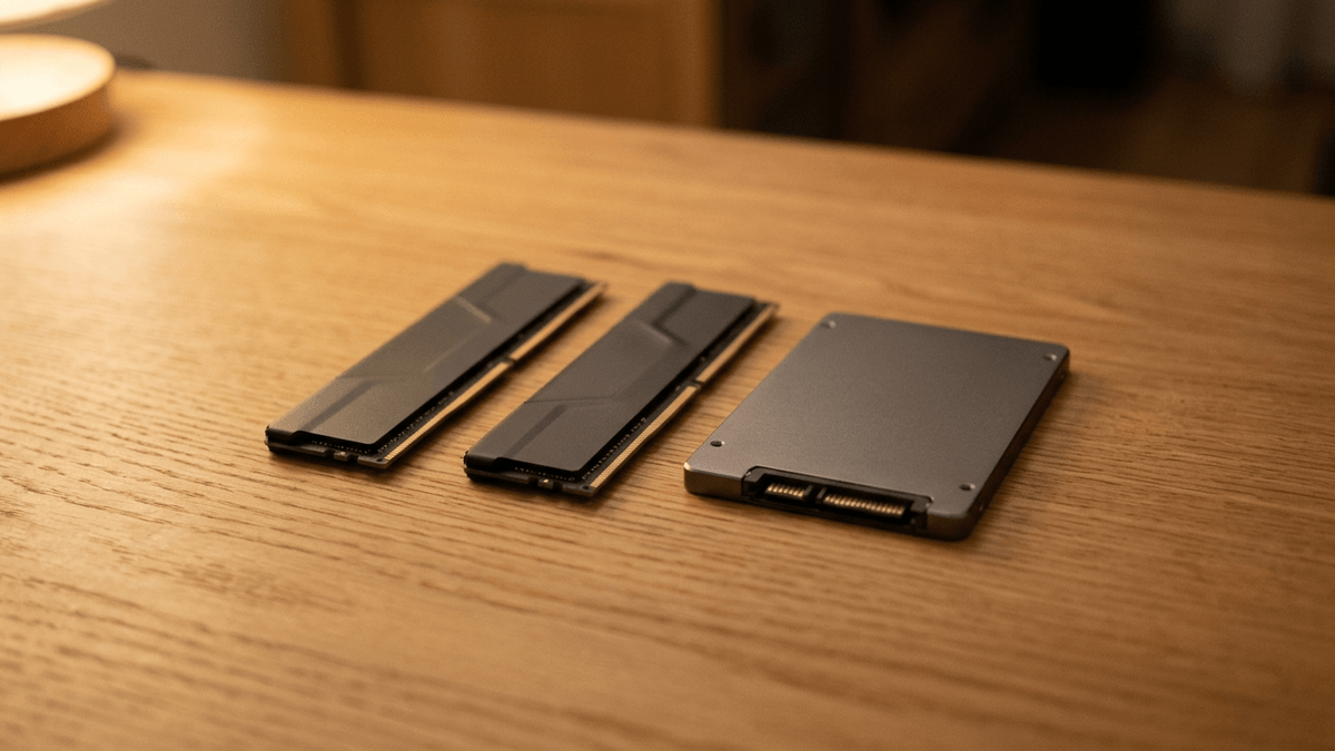 Illustration: zwei schlichte Speichermodule ohne Aufschrift liegen nebeneinander auf einem hellen Holztisch, daneben eine flache, unbeschriftete SSD im schmalen Gehäuse, warmes Abendlicht