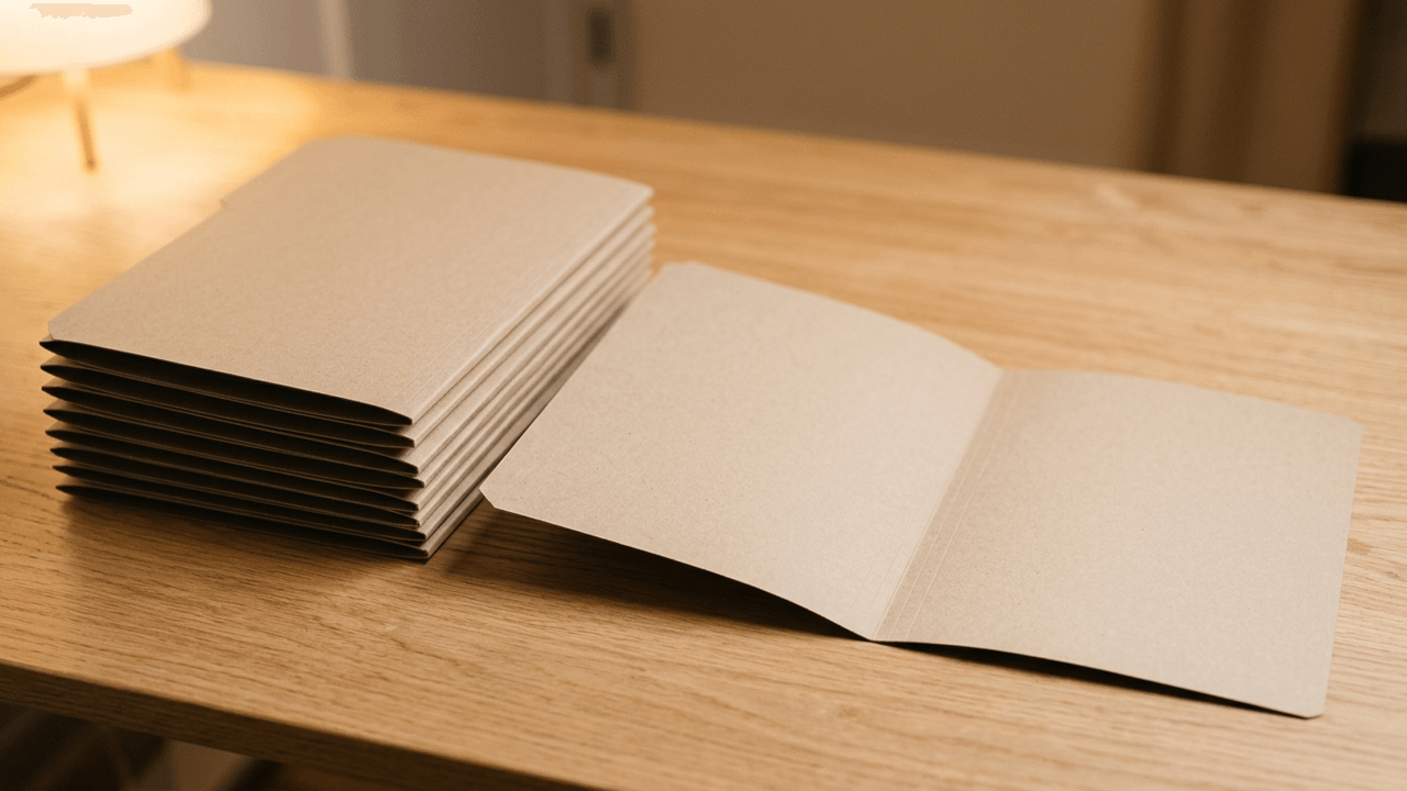 Illustration: ein Stapel schlichter beiger Mappen ohne Aufschrift liegt auf einem hellen Holzschreibtisch neben einem einzelnen aufgeklappten Ordner, warmes Abendlicht