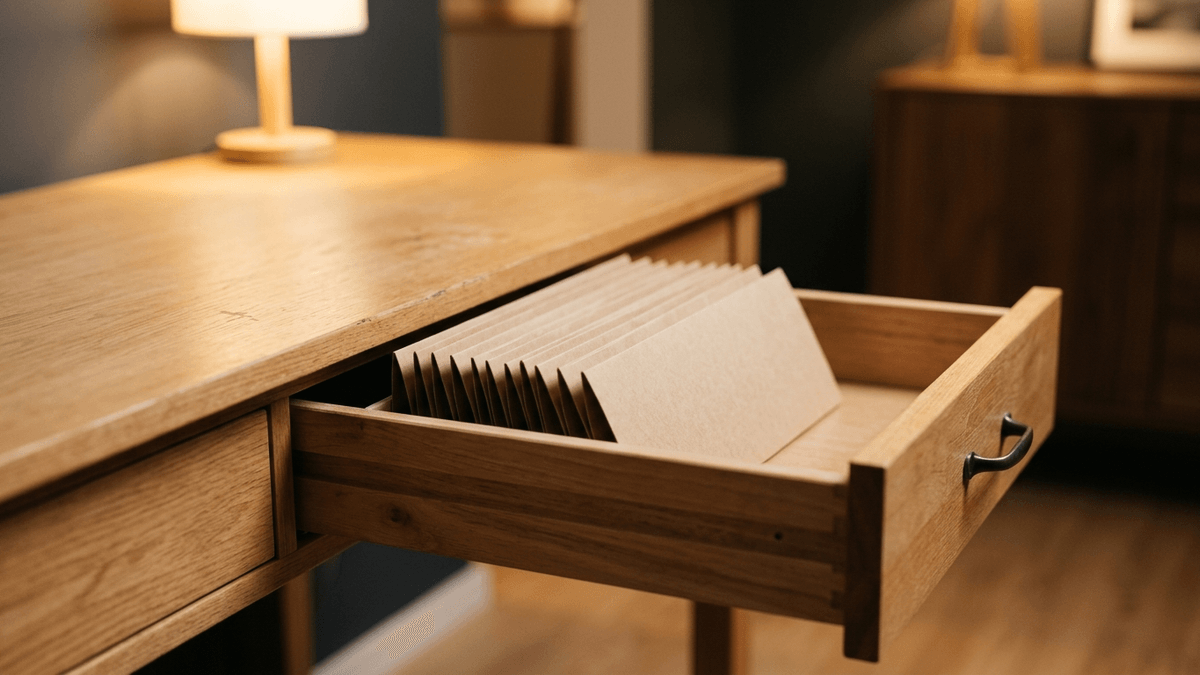 Illustration: ein heller Holzschreibtisch mit einer geöffneten flachen Schublade, darin liegen mehrere schlichte beige Mappen ohne Aufschrift ordentlich nebeneinander, warmes Abendlicht