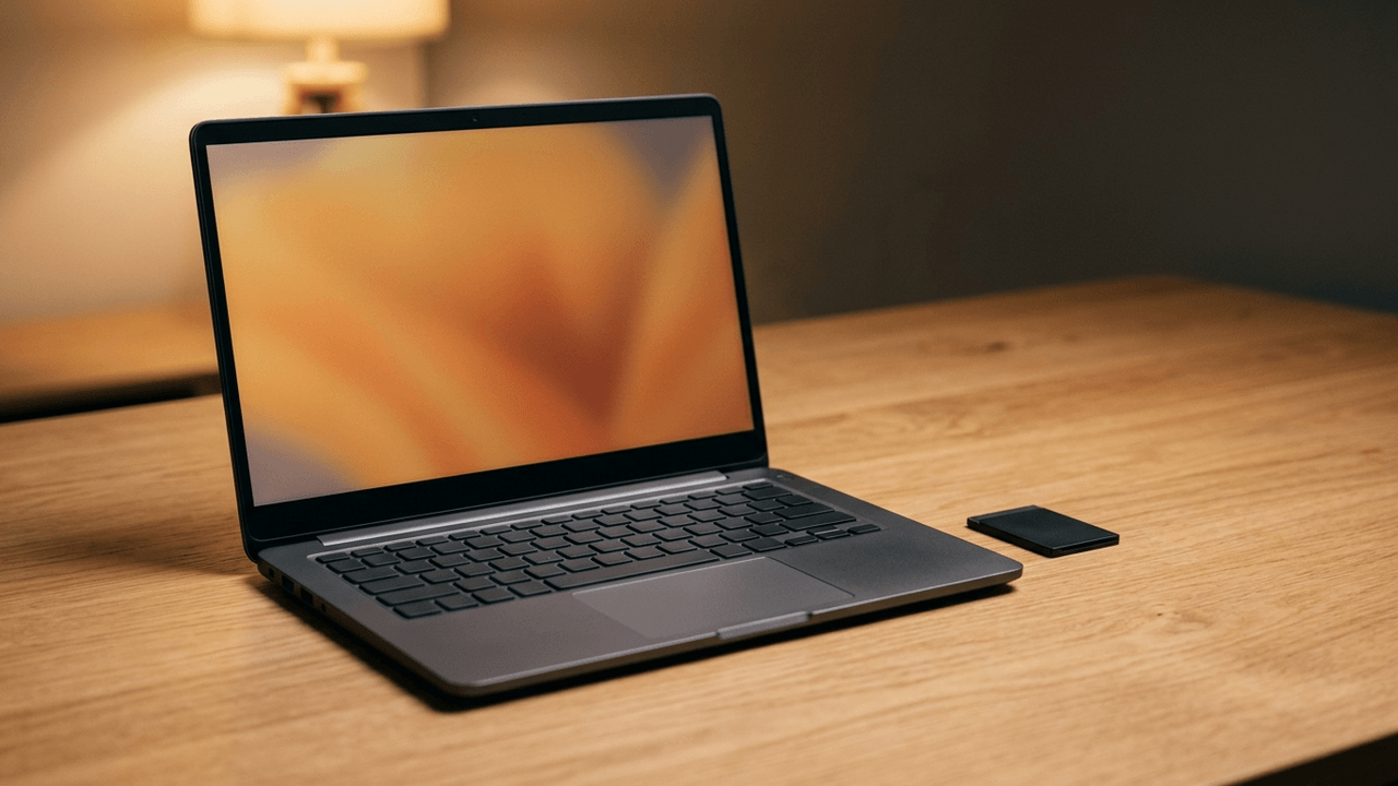 Illustration: ein aufgeklappter schlichter Laptop ohne Markenzeichen steht auf einem hellen Holztisch, der Bildschirm zeigt nur einen unscharfen warmen Farbverlauf, daneben liegt ein kleines flaches dunkles Bauteil ohne Aufschrift, warmes Abendlicht