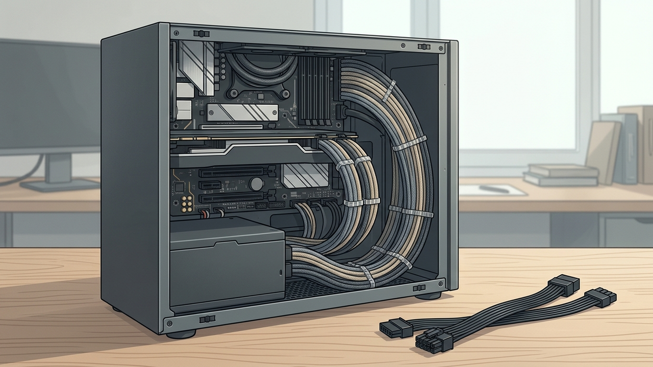 Illustration: die offene Seite eines PC-Gehäuses, in der einzeln ummantelte Netzteilkabel in ruhigen Bögen zum Mainboard laufen, daneben liegt ein flaches Serienkabel auf dem Tisch