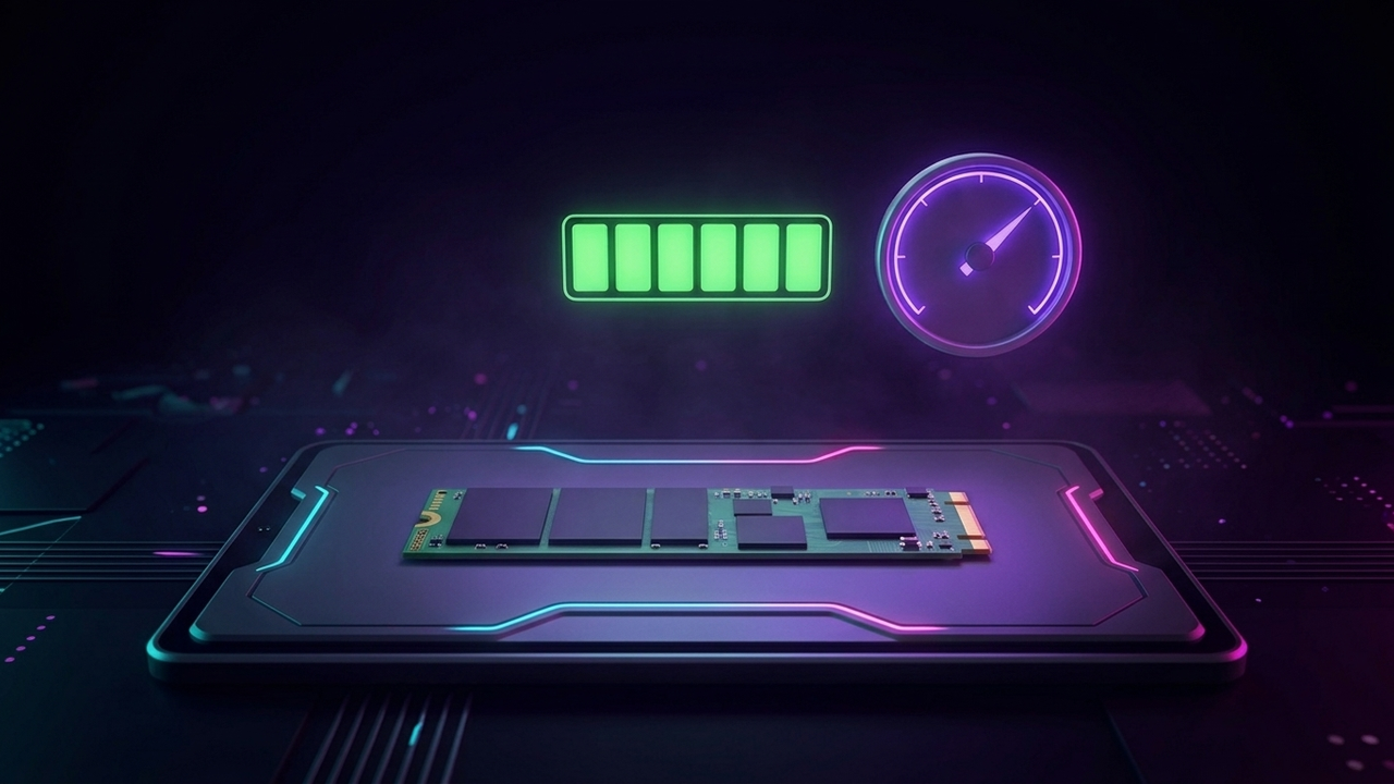 Illustration im Neon-Stil: eine M.2-SSD liegt auf einem Diagnose-Tablett, darüber ein grün leuchtender Gesundheitsbalken und eine Tachonadel