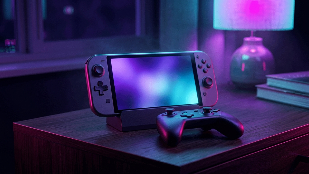 Illustration: eine tragbare Spielkonsole in einer Dockingstation auf einem dunklen Lowboard, davor ein kabelloses Gamepad im warmen Abendlicht
