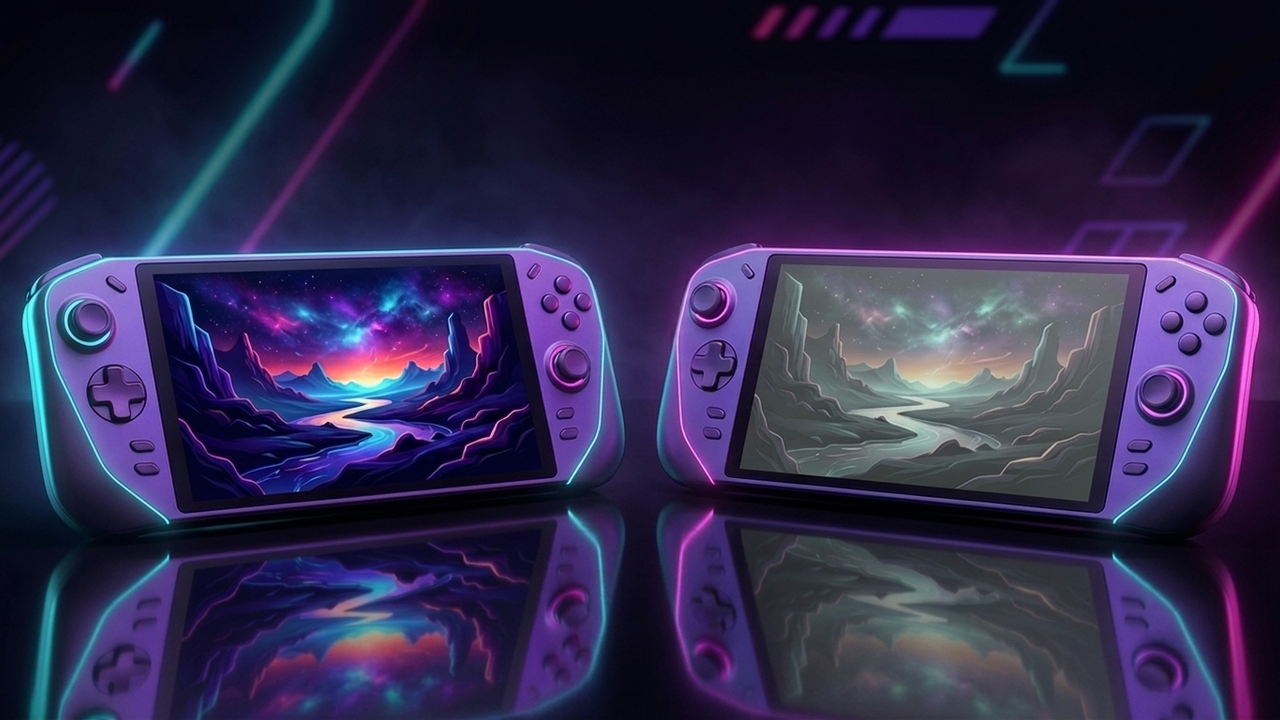 Illustration im Neon-Stil: zwei Steam-Deck-Silhouetten nebeneinander, links ein mattes LCD-Bild, rechts ein tiefschwarzes, leuchtendes OLED-Bild