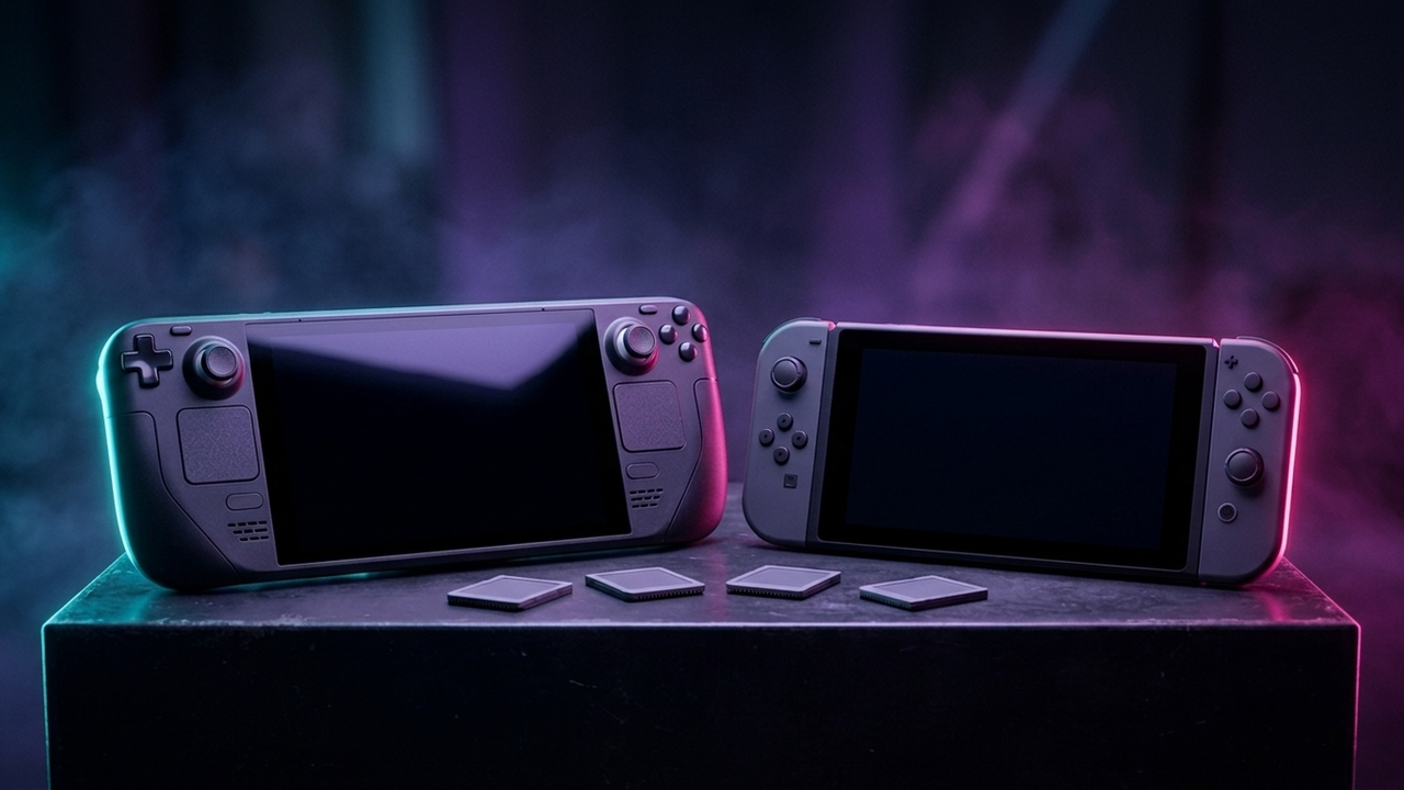 Illustration: zwei Handheld-Konsolen nebeneinander auf einem dunklen Podest, davor vier kleine Spielkarten, in Neonlicht