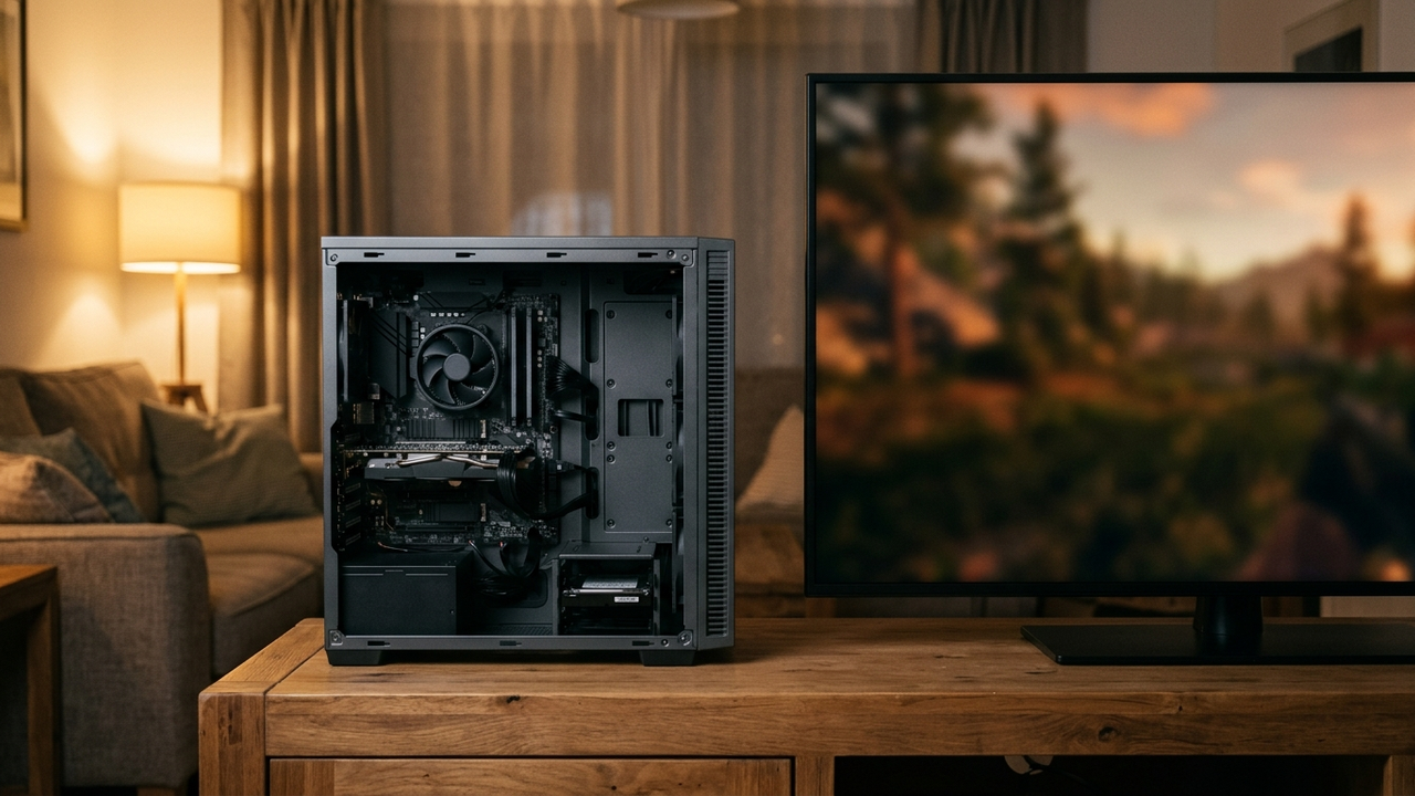 Illustration: ein offenes PC-Gehäuse mit sichtbaren Bauteilen auf einem Wohnzimmer-Sideboard neben einem Fernseher