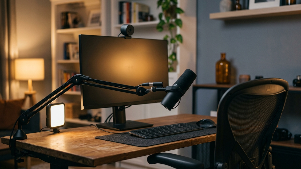 Illustration: ein Schreibtisch mit Mikrofon am Schwenkarm, einer kleinen Webcam auf dem Monitor und einer kleinen Leuchte, bereit zum Streamen