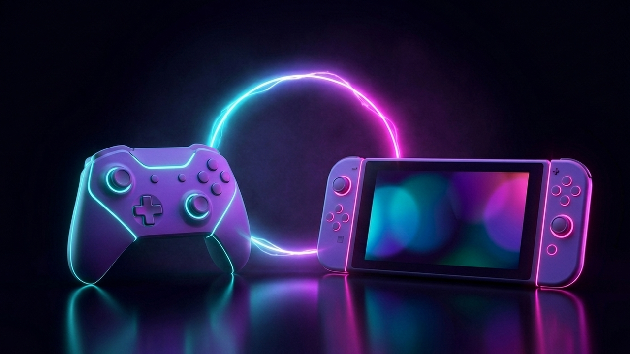 Illustration im Neon-Stil: ein klassischer Pro Controller und eine neue Konsole, verbunden durch eine leuchtende Bluetooth-Lichtschleife
