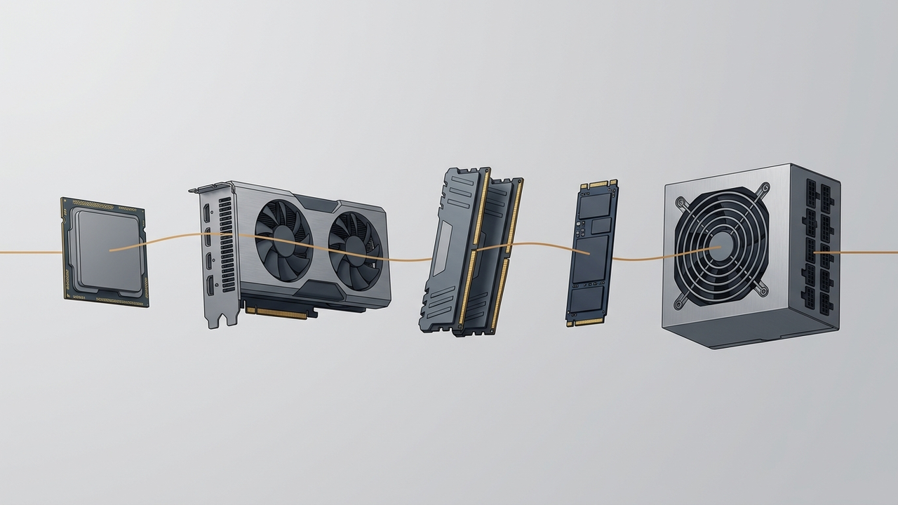 Illustration: Prozessor, Grafikkarte, Arbeitsspeicher, SSD und Netzteil in technischer Explosionsdarstellung nebeneinander