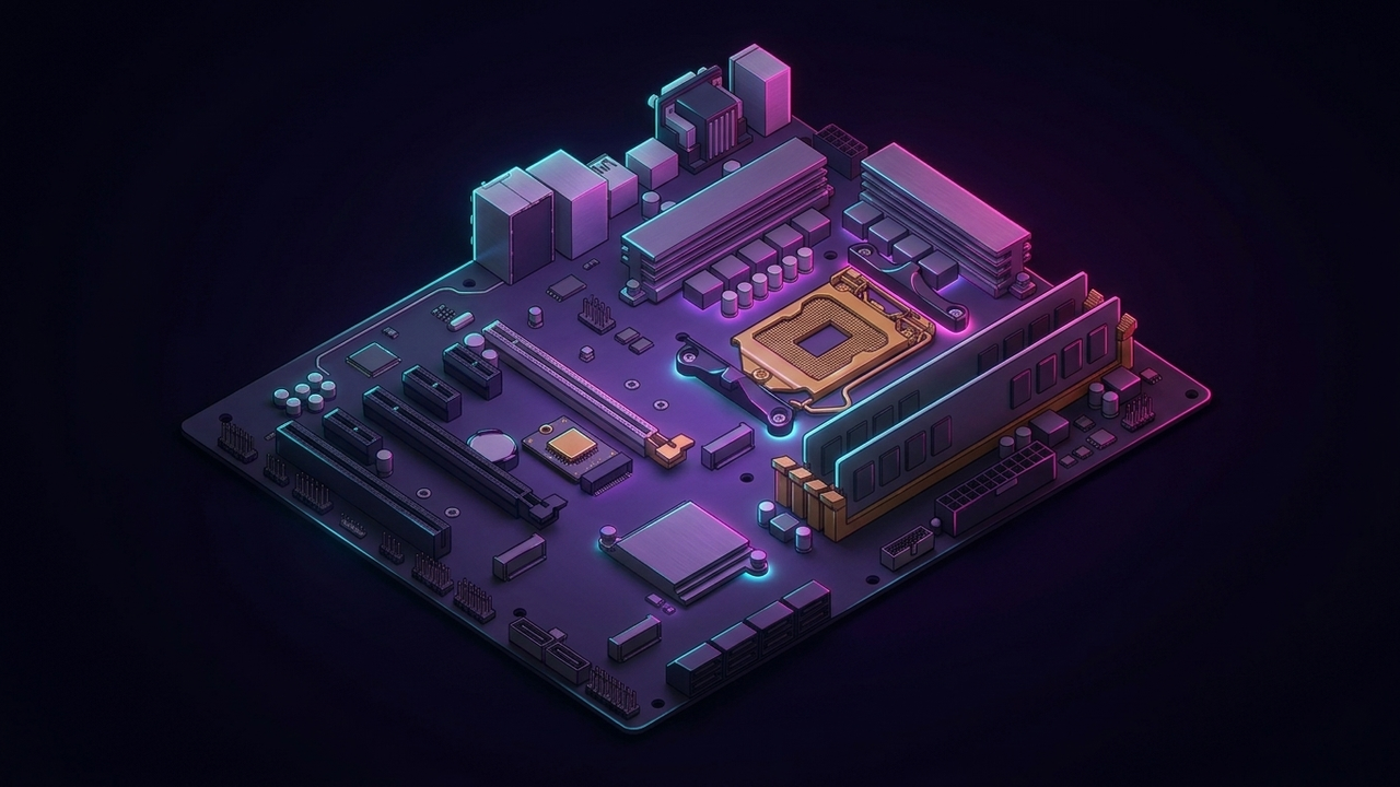 Illustration: ein Mainboard in Schrägansicht vor dunklem Hintergrund, Prozessorsockel und Speicherriegel leuchten violett und cyan