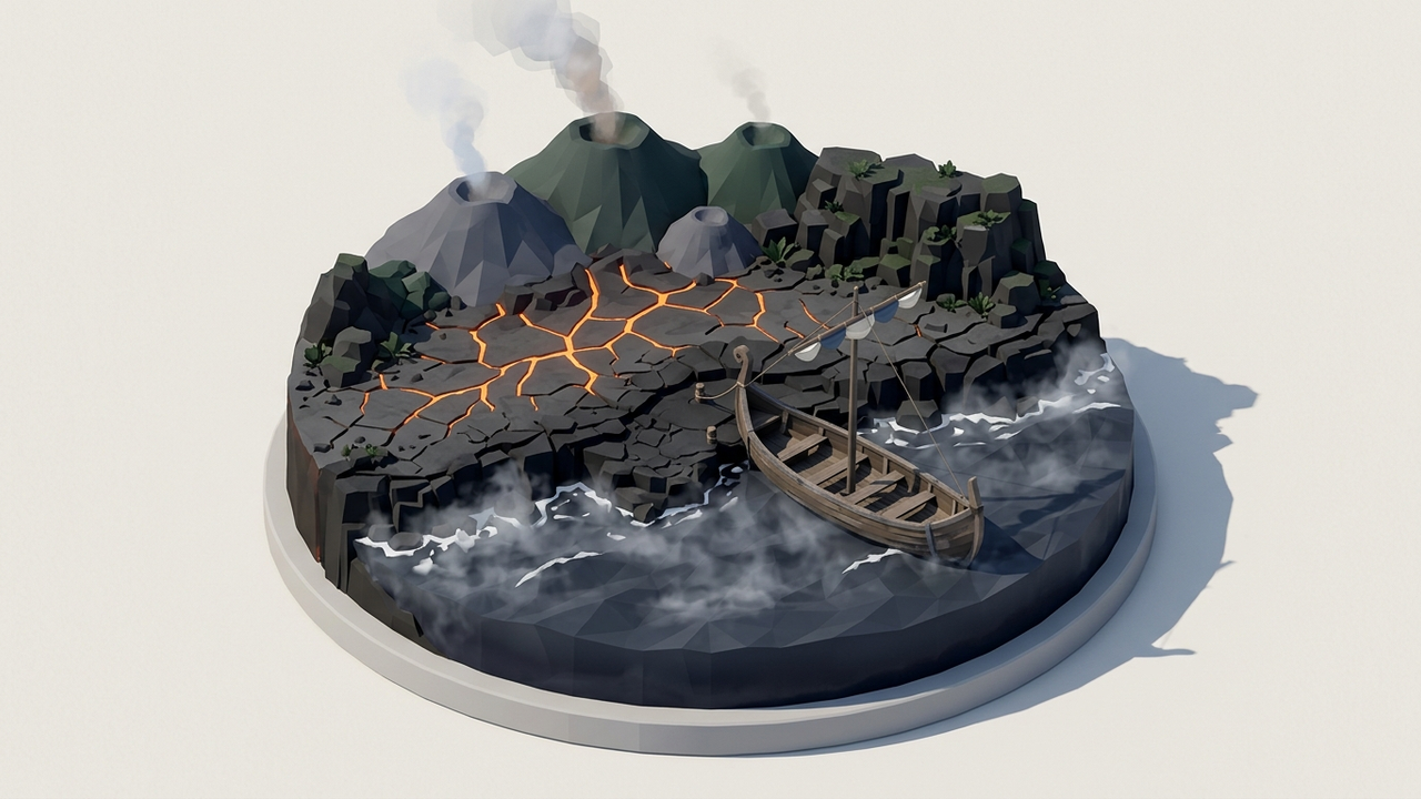 Illustration: schwarze Vulkanküste als Diorama, davor dampfendes Wasser und ein Langschiff mit verstärktem Rumpf