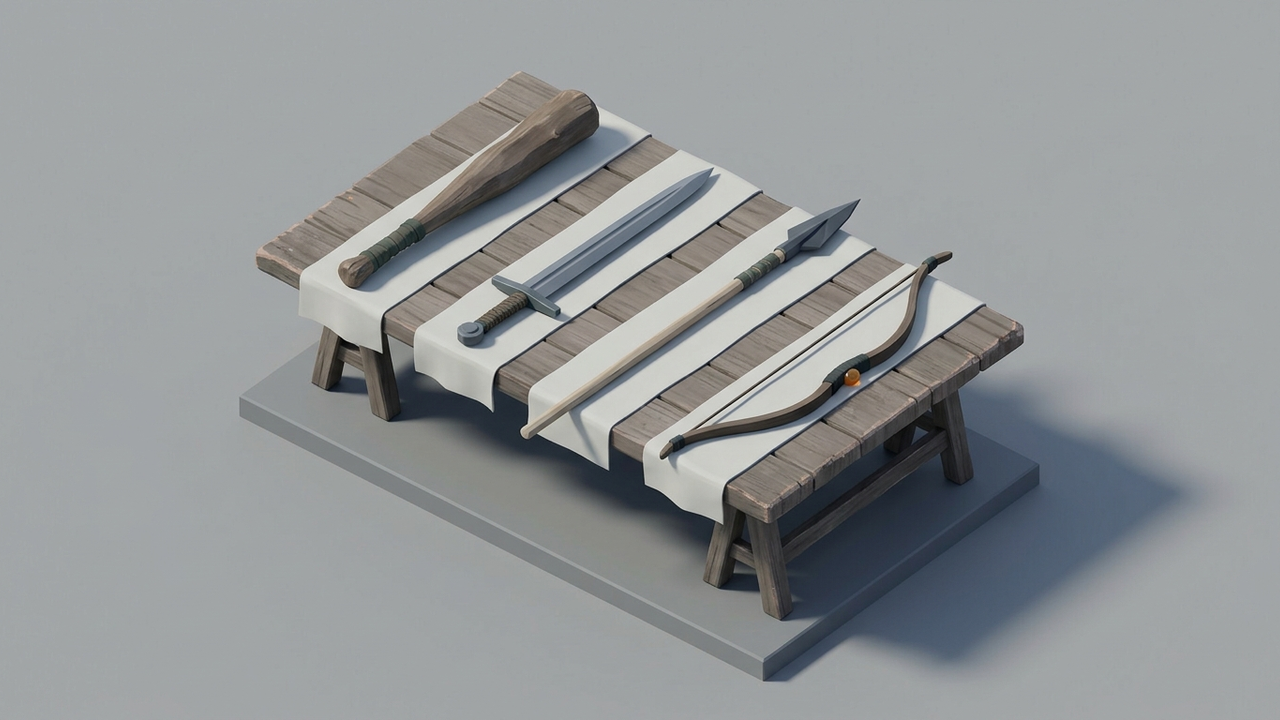 Illustration: vier Waffenformen nebeneinander auf einem Tisch — Keule, Schwert, Speer und Bogen