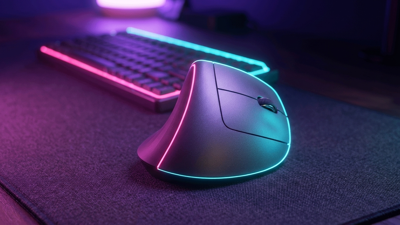 Illustration: eine hochkant geformte Computermaus mit Daumenauflage steht auf einem dunklen Mauspad, daneben eine flache Tastatur