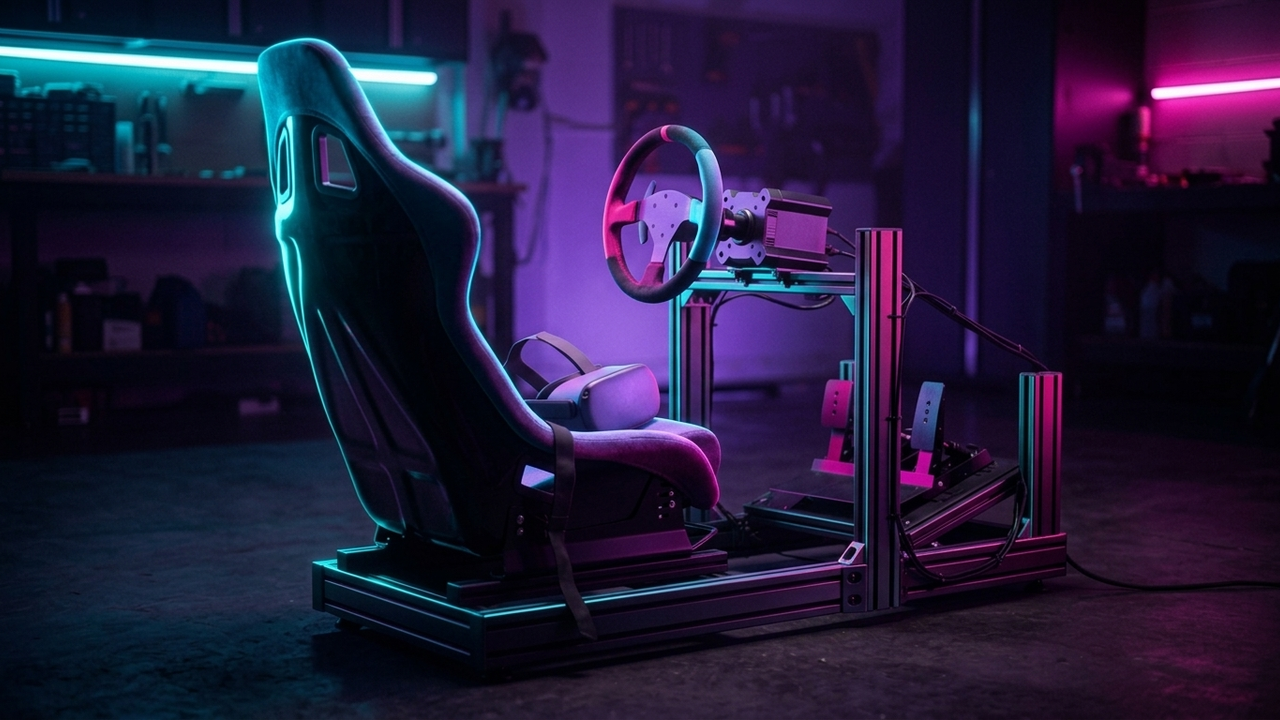 Illustration: leeres Sim-Racing-Cockpit mit Schalensitz, Lenkrad und Pedalen, auf dem Sitz liegt eine VR-Brille
