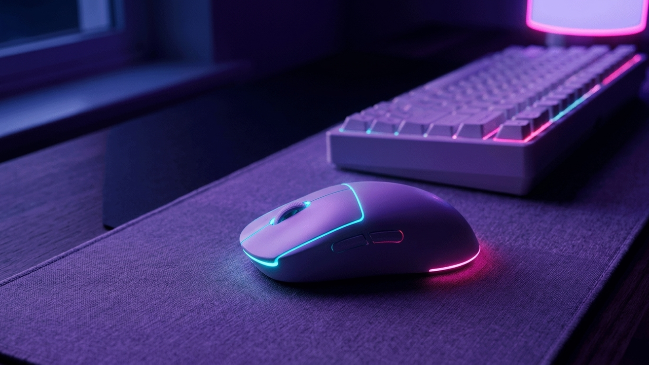 Illustration: eine weiße, symmetrische Gaming-Maus ohne Beschriftung liegt auf einer hellen Schreibtischunterlage, daneben unscharf ein weißes Tastaturgehäuse