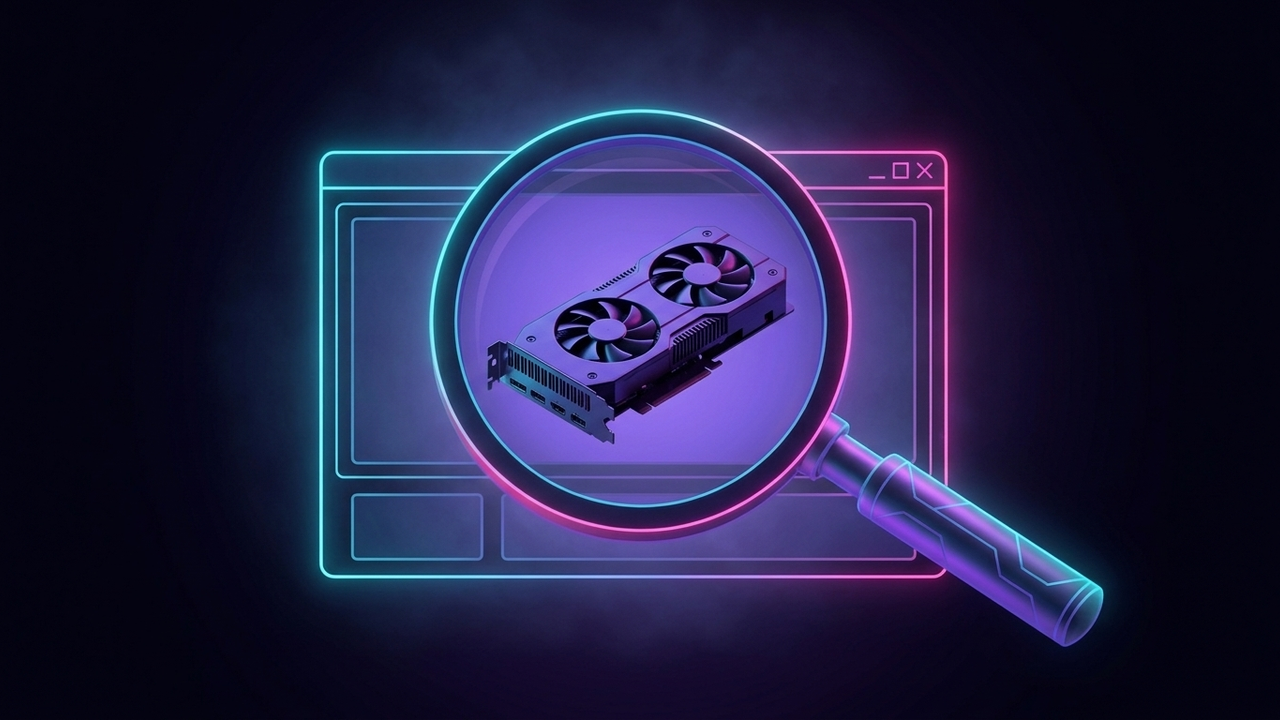 Illustration im Neon-Stil: eine Lupe über einem stilisierten Task-Manager-Fenster, darin die Silhouette einer Grafikkarte, cyanfarben auf dunkelblauem Grund