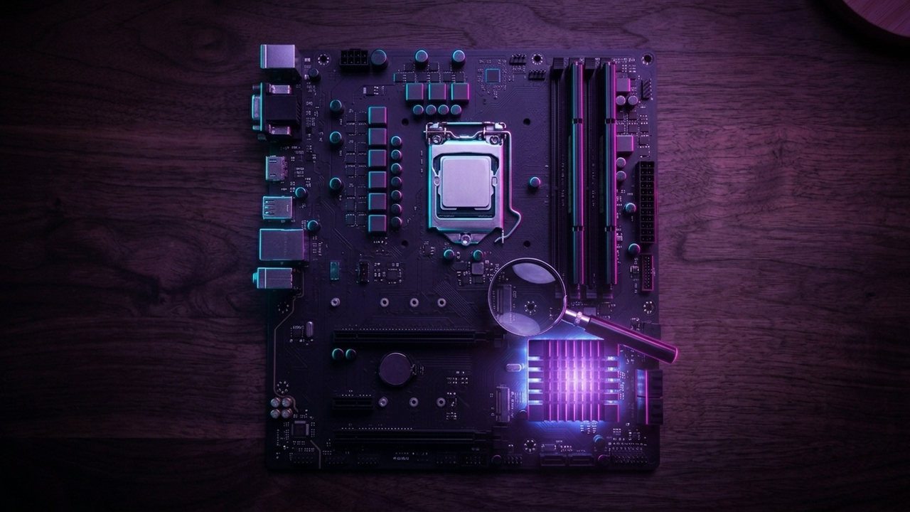 Illustration: ein Mainboard von oben auf einem Holztisch, eine Lupe liegt über dem leuchtenden Kühlkörper des Chipsatzes, in Neonlicht