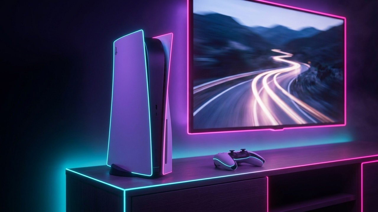 Illustration: weiße Spielkonsole steht aufrecht auf einem Fernsehschrank neben einem Fernseher mit einer verwischten Straße, davor ein Controller