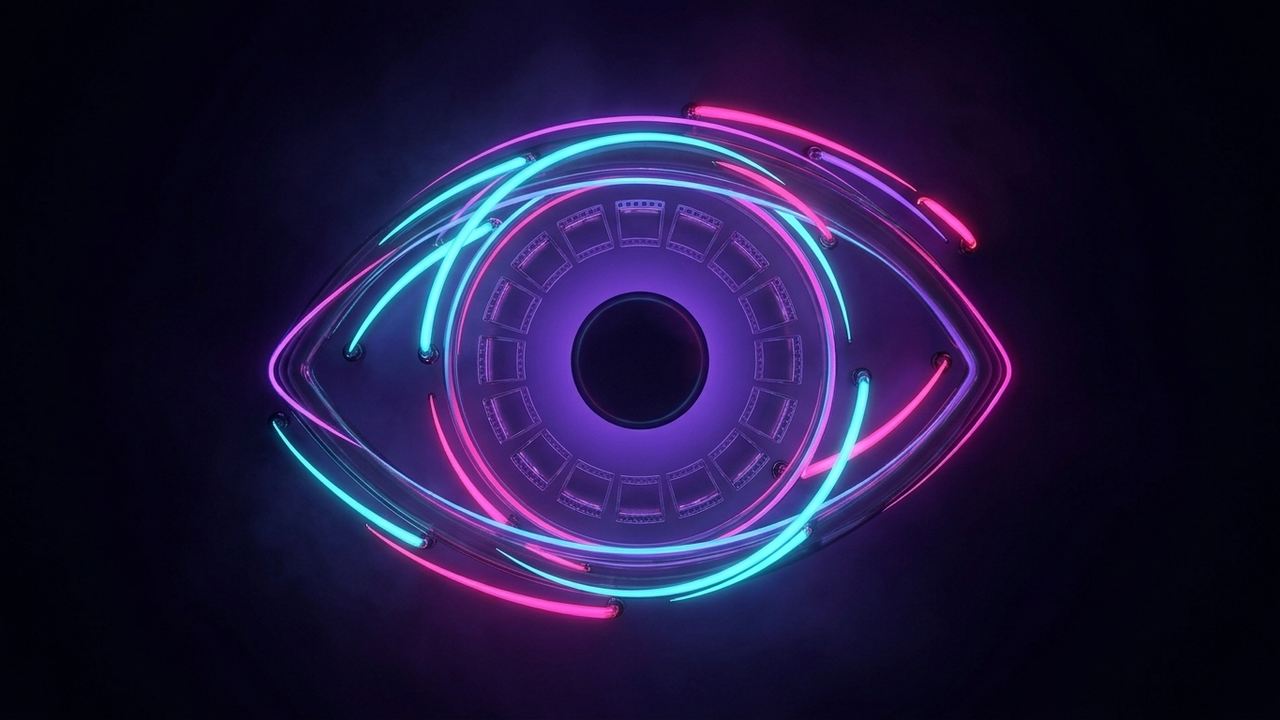 Illustration im Neon-Stil: ein stilisiertes Auge, in dessen Iris Bildfolgen als Filmstreifen kreisen, in leuchtendem Cyan