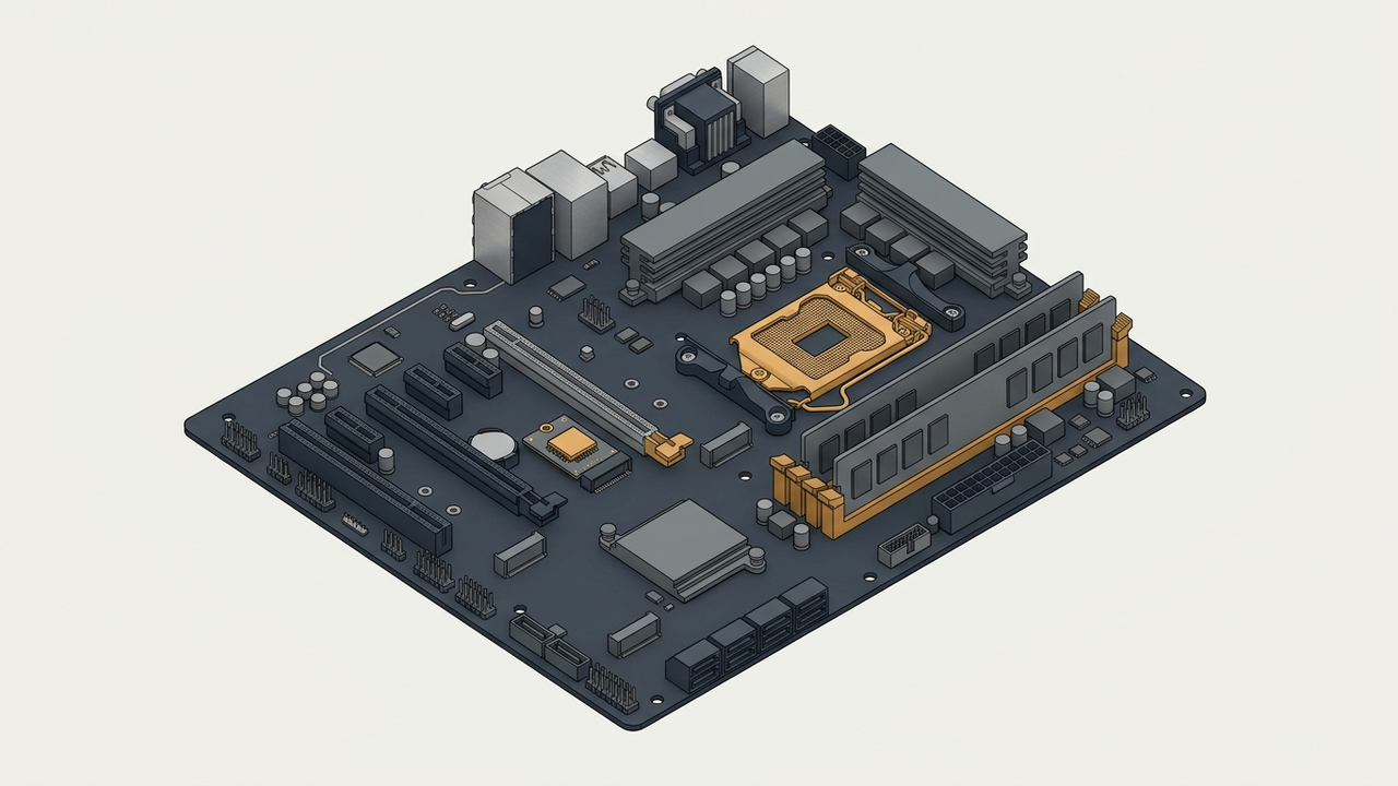 Illustration: eine Hauptplatine in technischer Darstellung, Prozessorsockel und Speicherbänke farbig hervorgehoben