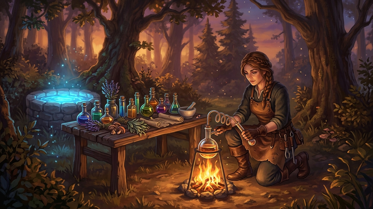 Illustration: eine Alchimistin in Lederschürze erhitzt an einem Lagerfeuer einen gläsernen Destillierkolben, daneben ein Holztisch mit bunten Tränken in Phiolen und getrockneten Kräuterbündeln und ein kleiner Steinbrunnen mit leuchtend blauem Wasser, im Hintergrund dämmriger Wald
