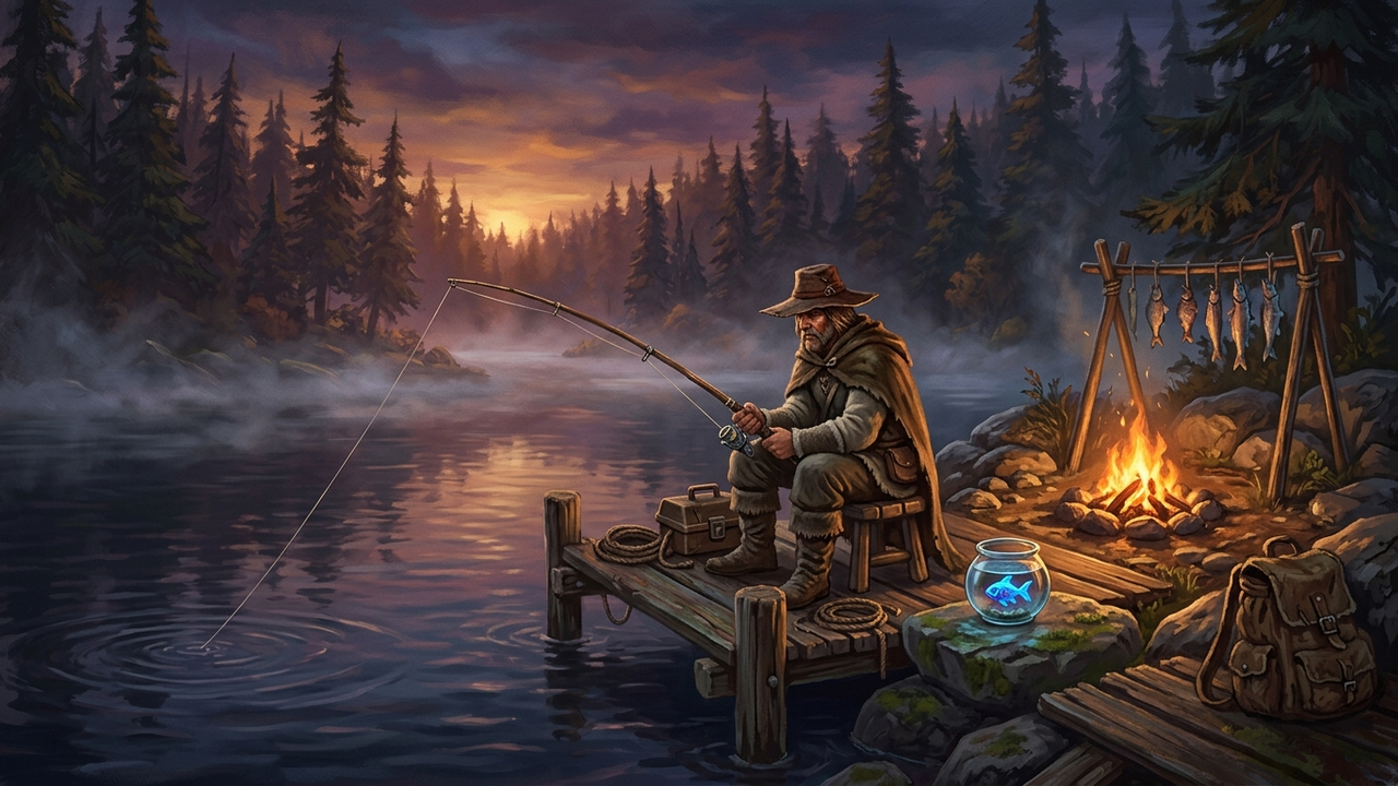 Illustration: ein Angler mit breitkrempigem Hut sitzt am Ufer eines Waldsees auf einem Holzsteg, die Angelschnur im Abendlicht gespannt, neben ihm ein Lagerfeuer, ein hölzerner Angelständer mit hängenden Fischen und ein kleines Fischglas auf einem Stein
