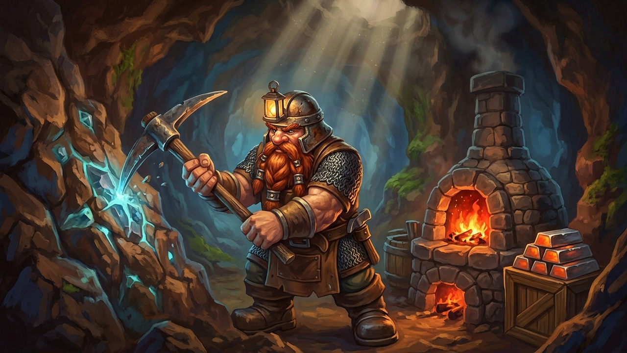 Illustration: ein Zwerg mit Spitzhacke und Grubenlampe am Helm schlägt in einer Felswand an einer glühenden, bläulich schimmernden Erzader, daneben ein kleiner Schmelzofen mit orangem Feuer und ein Stapel Metallbarren
