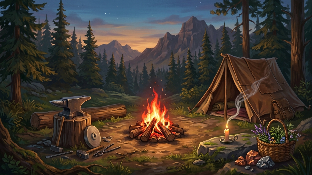 Illustration: ein Lagerfeuer auf einer Waldlichtung in der Abenddämmerung, daneben ein Amboss mit Schleifstein, ein Lederzelt, eine brennende Räucherkerze und ein Korb mit Kräutern, im Hintergrund Berge