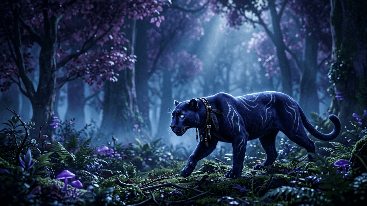 Filmisches Standbild: die Katzengestalt eines Druiden, eine große pantherartige Raubkatze mit indigoschwarzem Fell, schwach leuchtenden hellblauen Stammeszeichen an den Flanken und Federn am Hals, schleicht nachts durch das Unterholz eines uralten Waldes mit violett belaubten Riesenbäumen und leuchtenden Pilzen