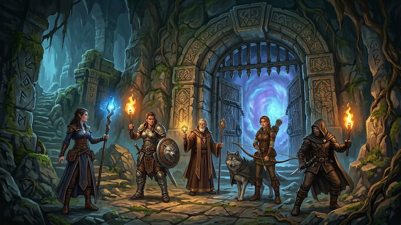 Illustration: eine Fünfergruppe aus Kriegerin mit Schild, Priester, Magierin, Jäger und Schurke steht mit Fackeln vor dem steinernen Tor einer Dungeoninstanz, dahinter ein bläulich leuchtendes Portal
