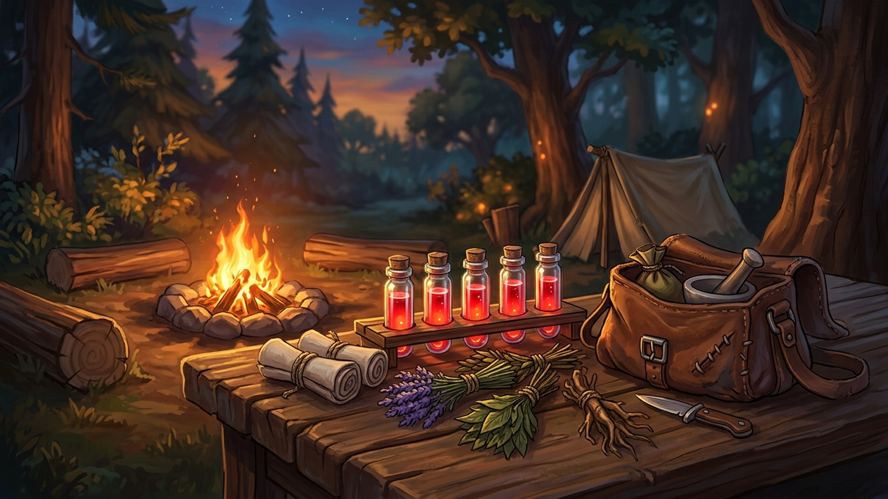 Illustration: auf einem groben Holztisch neben einem Lagerfeuer liegen aufgerollte Leinenverbände, eine Reihe roter Heiltränke in Glasphiolen, getrocknete Kräuterbündel und ein offener Lederbeutel, im Hintergrund dämmriger Wald