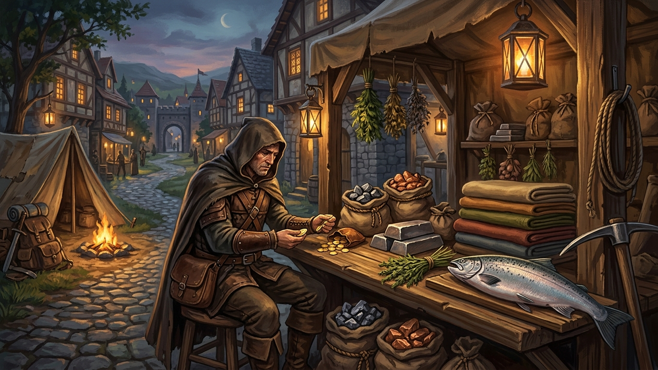 Illustration: ein Abenteurer zählt an einem Händlerstand im Abendlicht Goldmünzen, daneben Säcke mit Erz, ein Stapel Stoffballen, Kräuterbündel und ein großer Fisch auf dem Tresen